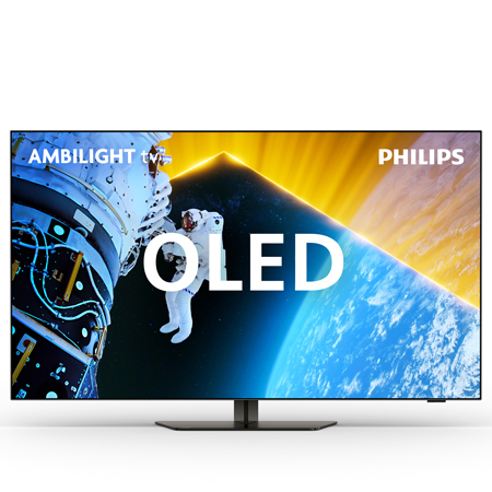 A Philips OLED TV screen displays an astronaut floating in space with Earth and a space station in view. The words "Ambilight TV" and "OLED" are visible on the screen.